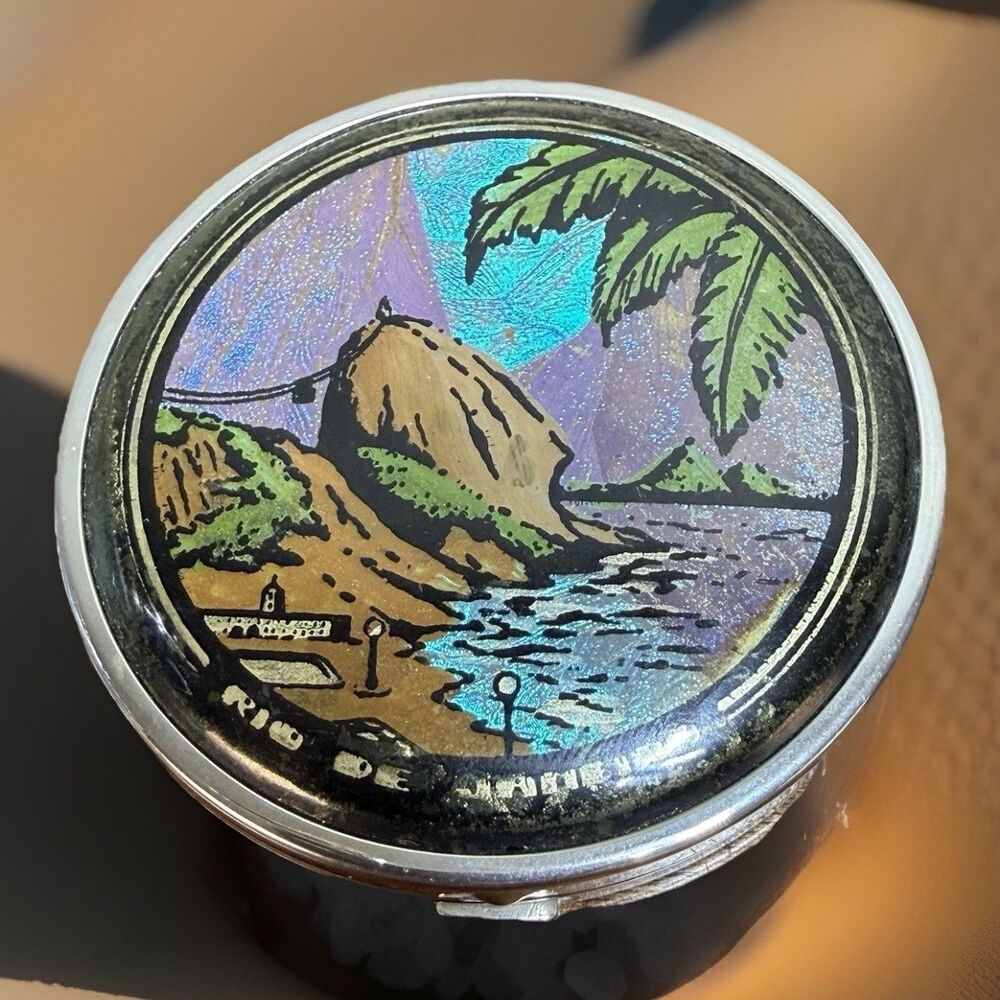Vintage Rio de Janeiro Butterfly Wing Landscape Mirror Compact Stamped Brazil